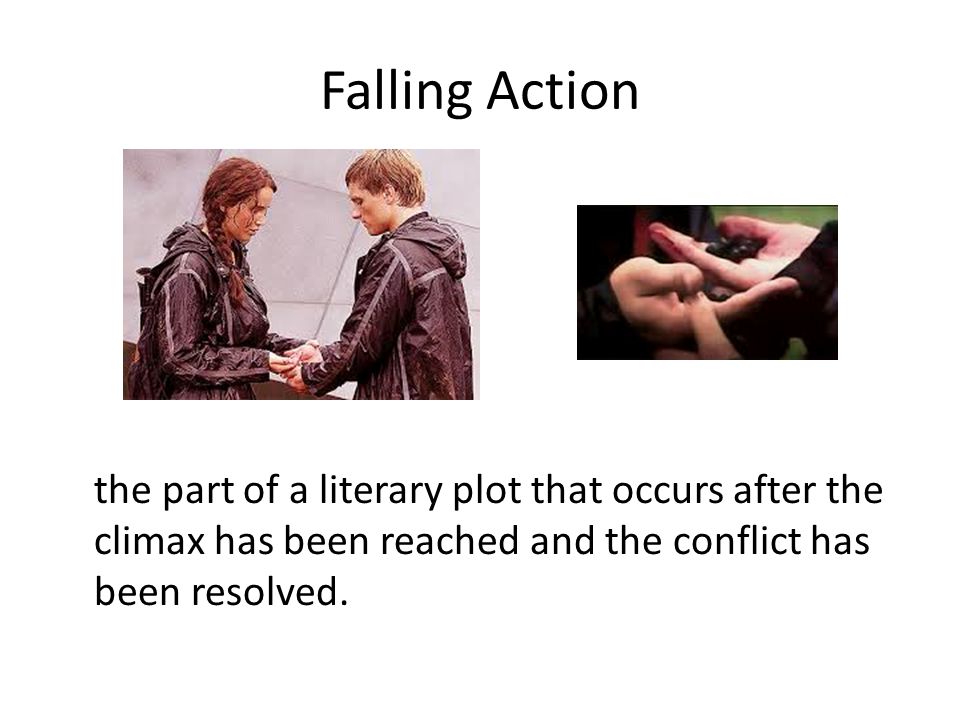 Falling Action the part of a literary plot that occurs after the climax has been reached and the conflict has been resolved.