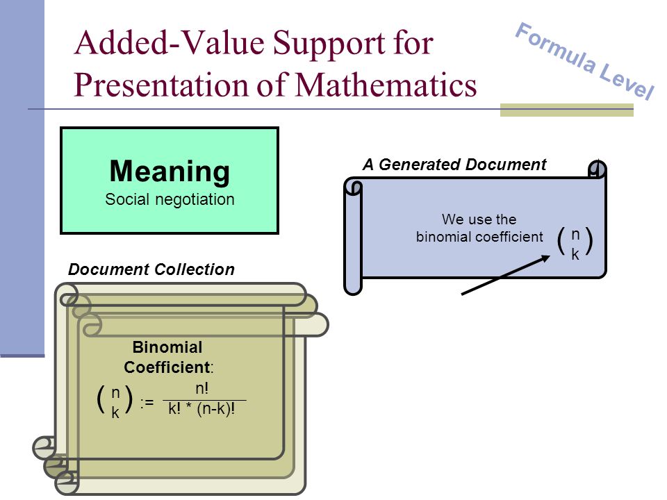 OMDoc <presentation for= binomial role= applied xml:lang= en > … Added-Value Support for Presentation of Mathematics OMDoc <presentation for= binomial role= applied xml:lang= en > … Binomial Coefficient: nknk () n.