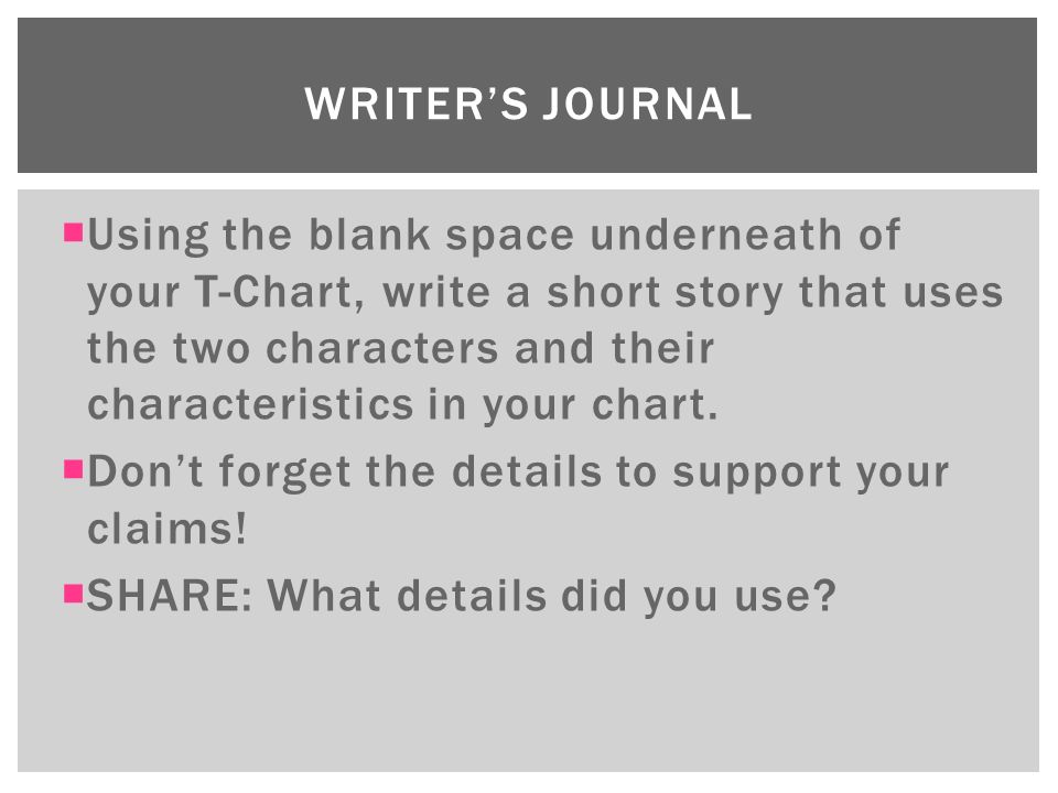  Using the blank space underneath of your T-Chart, write a short story that uses the two characters and their characteristics in your chart.