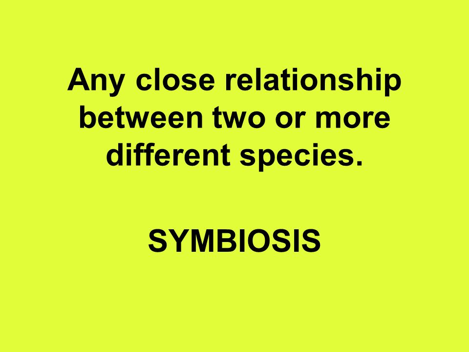 Any close relationship between two or more different species. SYMBIOSIS