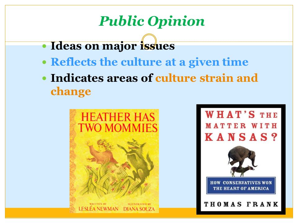 Public Opinion Ideas on major issues Reflects the culture at a given time Indicates areas of culture strain and change
