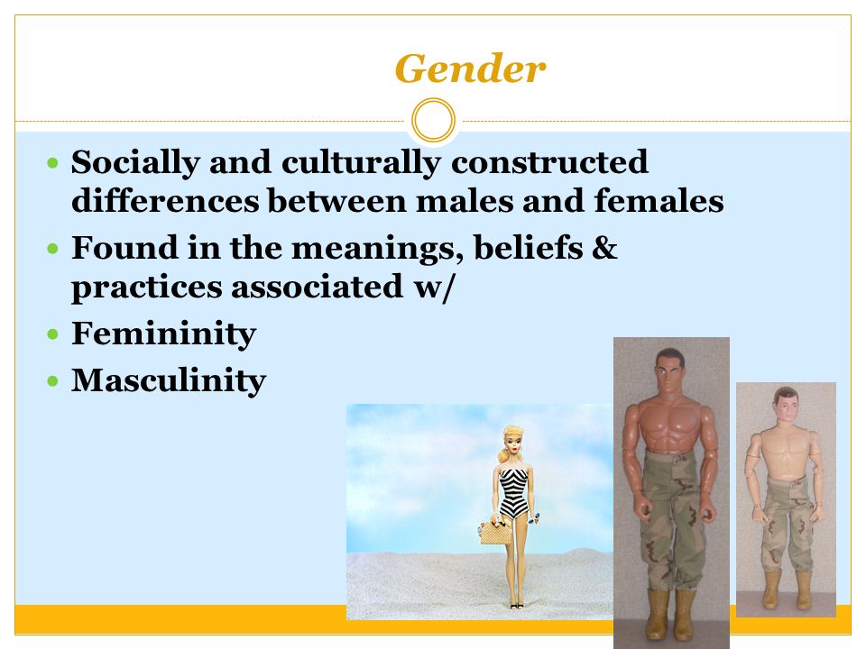 Gender Socially and culturally constructed differences between males and females Found in the meanings, beliefs & practices associated w/ Femininity Masculinity