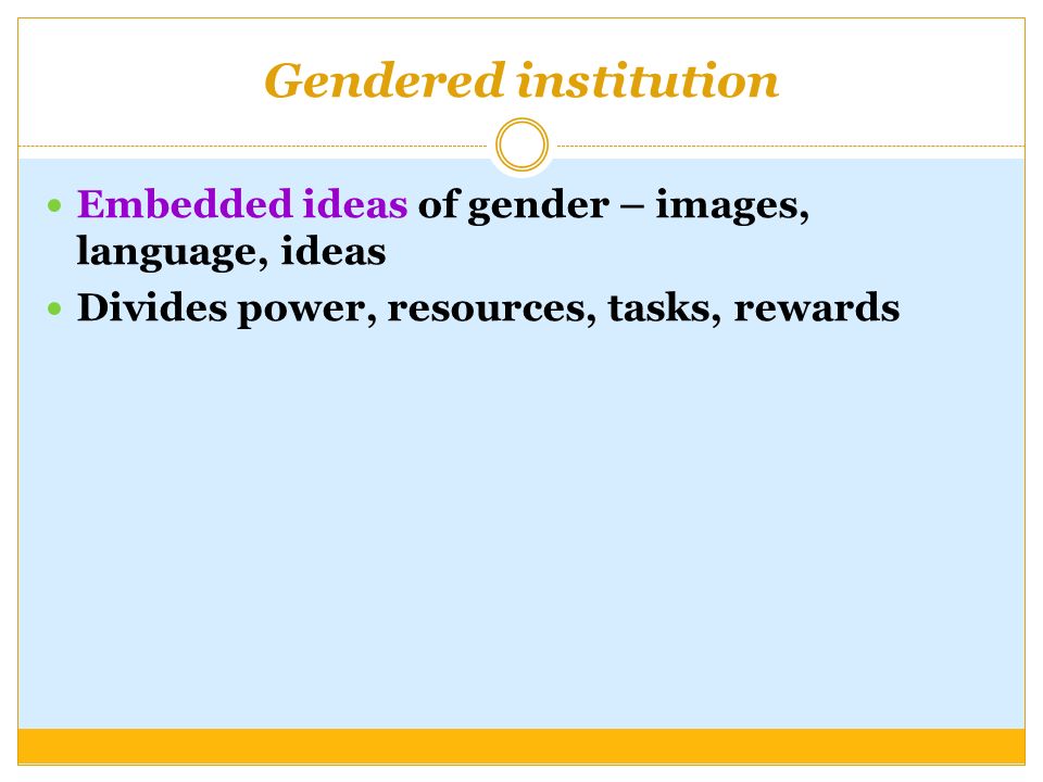 Gendered institution Embedded ideas of gender – images, language, ideas Divides power, resources, tasks, rewards