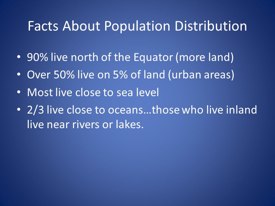 Facts About Population Distribution 90% live north of the Equator (more land) Over 50% live on 5% of land (urban areas) Most live close to sea level 2/3 live close to oceans…those who live inland live near rivers or lakes.