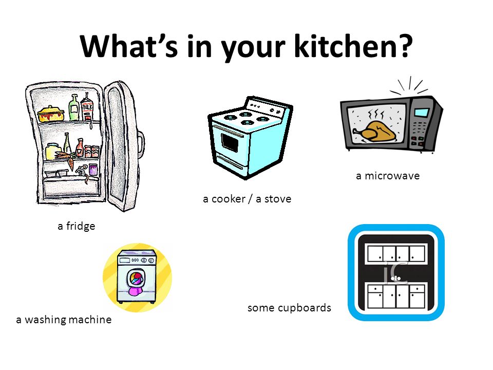What’s in your kitchen a cooker / a stove a fridge a microwave some cupboards a washing machine