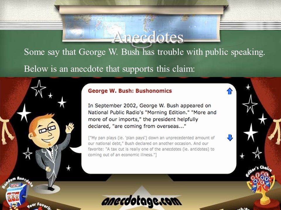 Anecdotes Some say that George W. Bush has trouble with public speaking.