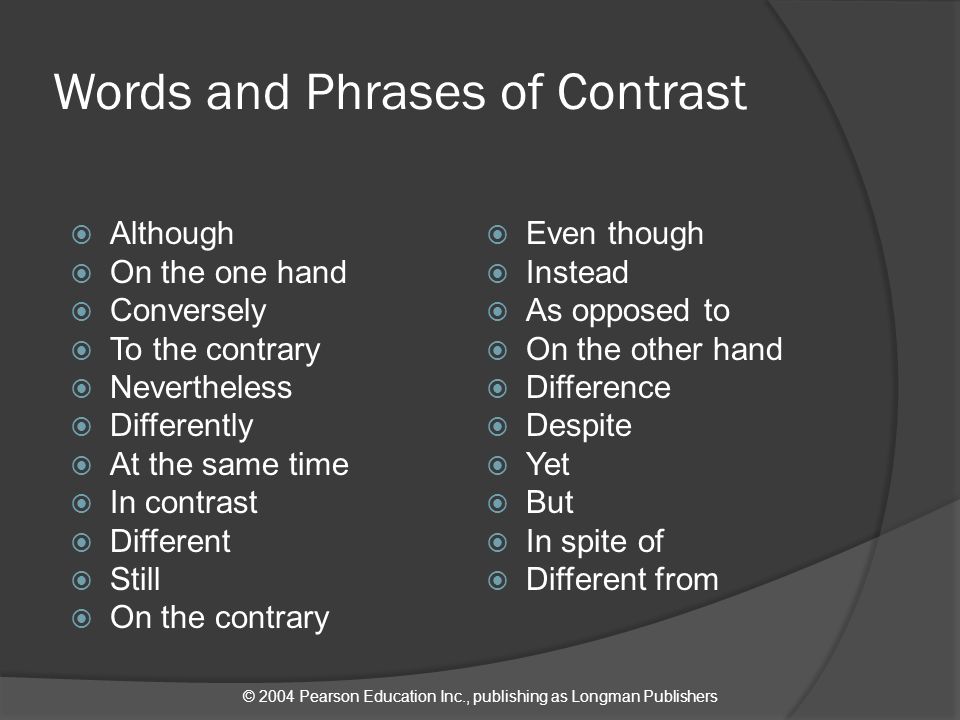 © 2004 Pearson Education Inc., publishing as Longman Publishers Words and Phrases of Contrast  Although  On the one hand  Conversely  To the contrary  Nevertheless  Differently  At the same time  In contrast  Different  Still  On the contrary  Even though  Instead  As opposed to  On the other hand  Difference  Despite  Yet  But  In spite of  Different from