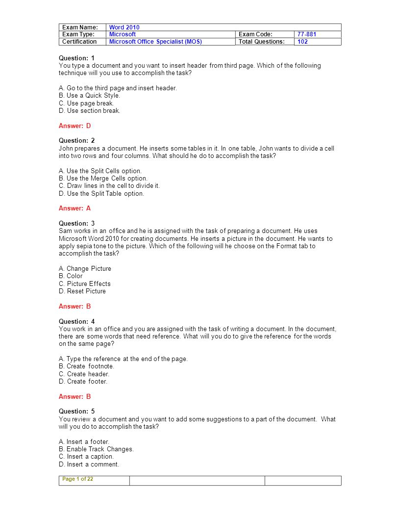 microsoft word questions and answers