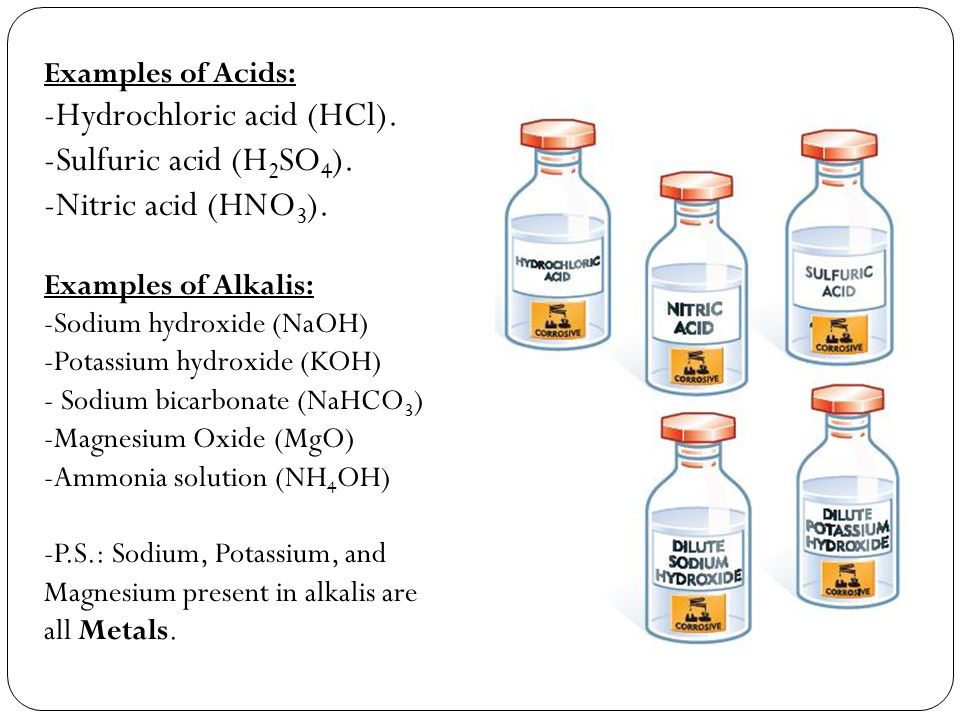 Examples of Acids: -Hydrochloric acid (HCl). -Sulfuric acid (H 2 SO 4 ).