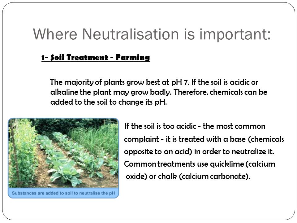 Where Neutralisation is important: 1- Soil Treatment - Farming The majority of plants grow best at pH 7.