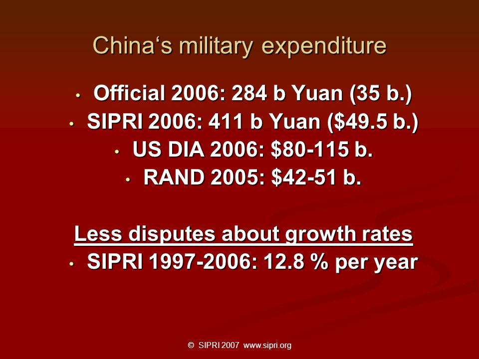 © SIPRI China‘s military expenditure Official 2006: 284 b Yuan (35 b.) Official 2006: 284 b Yuan (35 b.) SIPRI 2006: 411 b Yuan ($49.5 b.) SIPRI 2006: 411 b Yuan ($49.5 b.) US DIA 2006: $ b.