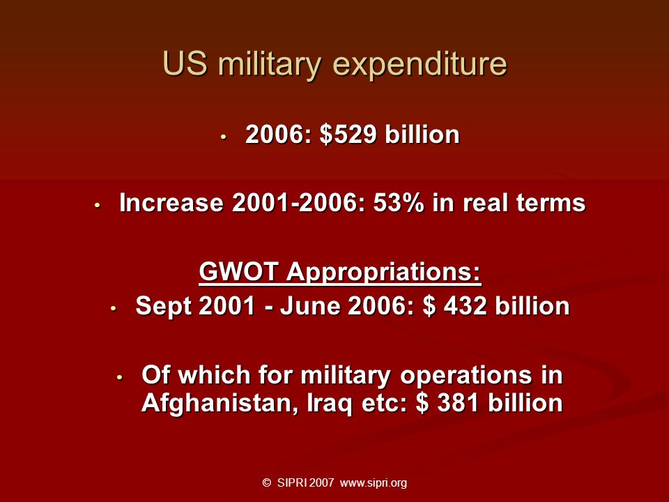 © SIPRI US military expenditure 2006: $529 billion 2006: $529 billion Increase : 53% in real terms Increase : 53% in real terms GWOT Appropriations: Sept June 2006: $ 432 billion Sept June 2006: $ 432 billion Of which for military operations in Afghanistan, Iraq etc: $ 381 billion Of which for military operations in Afghanistan, Iraq etc: $ 381 billion