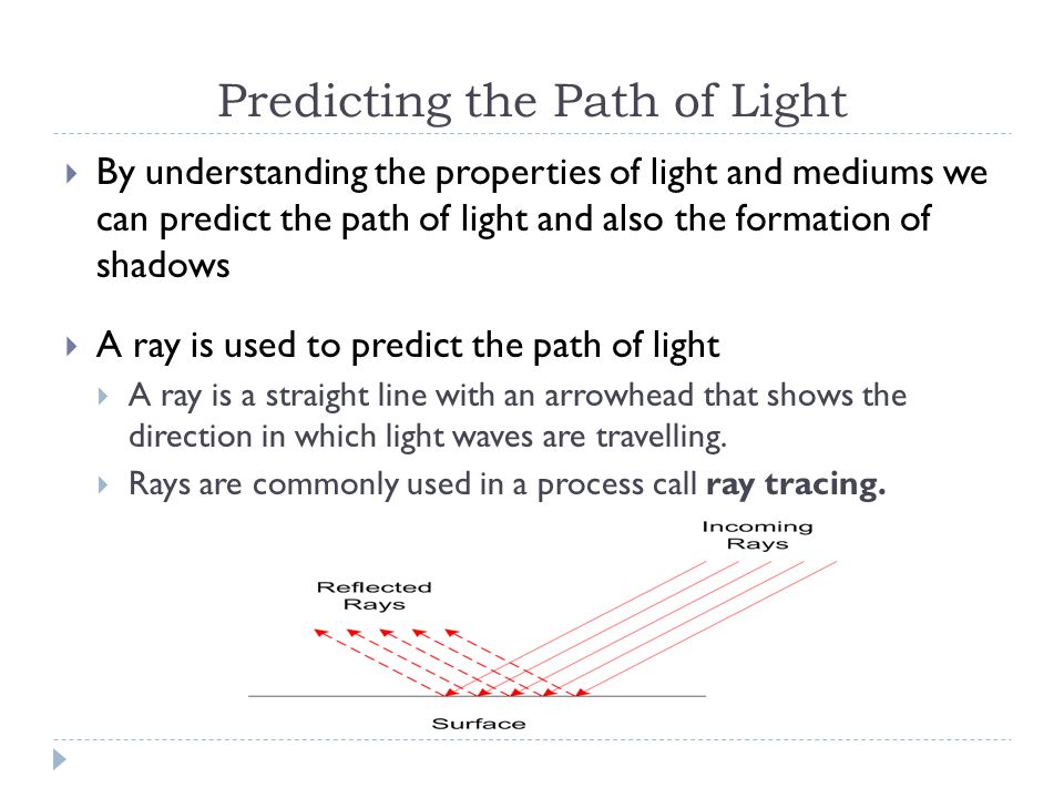 Predicting the Path of Light  By understanding the properties of light and mediums we can predict the path of light and also the formation of shadows  A ray is used to predict the path of light  A ray is a straight line with an arrowhead that shows the direction in which light waves are travelling.