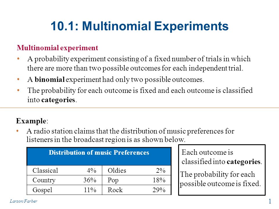 10.1: Multinomial Experiments Multinomial experiment A probability experiment consisting of a fixed number of trials in which there are more than two possible outcomes for each independent trial.