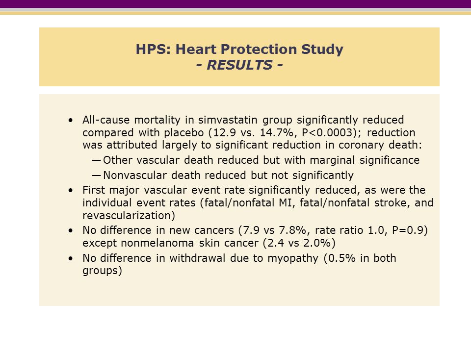 HPS: Heart Protection Study - RESULTS - All-cause mortality in simvastatin group significantly reduced compared with placebo (12.9 vs.