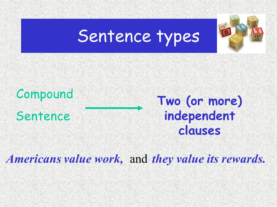 Sentence types Simple Sentence One independent clause Americans value work.Generally, hard