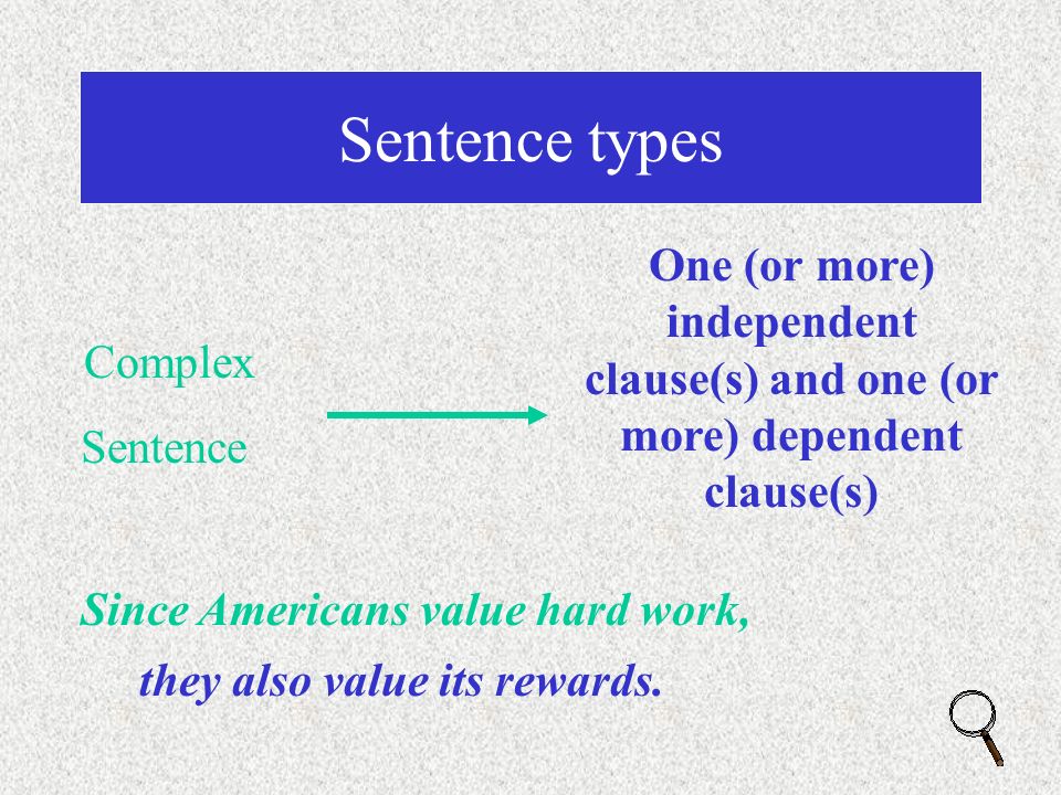 Sentence types Compound Sentence Two (or more) independent clauses Americans value work,andthey value its rewards.