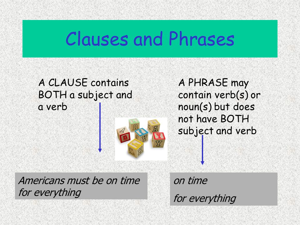 Clauses and Phrases both are groups of words A CLAUSE contains BOTH a subject and a verb A PHRASE may contain verb(s) or noun(s) but does not have BOTH subject and verb