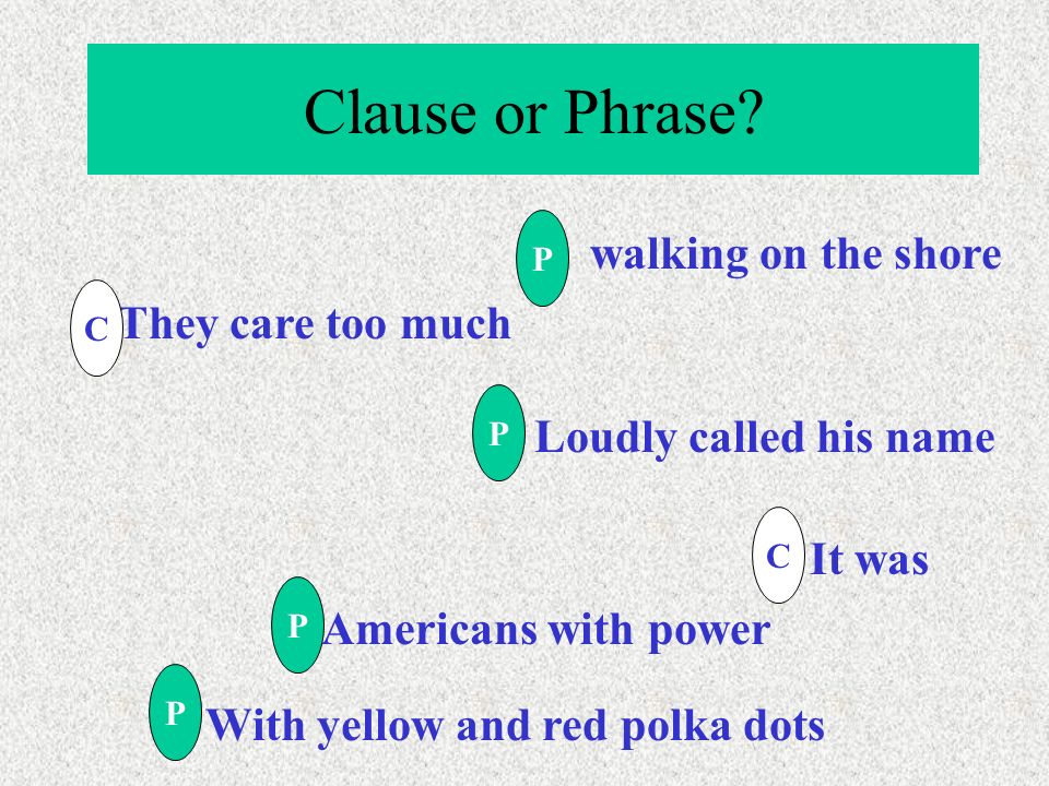 Clauses and Phrases A CLAUSE contains BOTH a subject and a verb A PHRASE may contain verb(s) or noun(s) but does not have BOTH subject and verb Americans must be on time for everything on time for everything