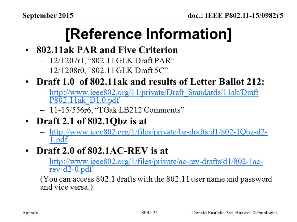 doc.: IEEE P /0982r5 Agenda September 2015 Donald Eastlake 3rd, Huawei TechnologiesSlide 24 [Reference Information] ak PAR and Five Criterion –12/1207r1, GLK Draft PAR –12/1208r0, GLK Draft 5C Draft 1.0 of ak and results of Letter Ballot 212: –  P802.11ak_D1.0.pdfhttp://  P802.11ak_D1.0.pdf –11-15/556r6, TGak LB212 Comments Draft 2.1 of 802.1Qbz is at –  1.pdfhttp://  1.pdf Draft 2.0 of 802.1AC-REV is at –  rev-d2-0.pdfhttp://  rev-d2-0.pdf (You can access drafts with the user name and password and vice versa.)