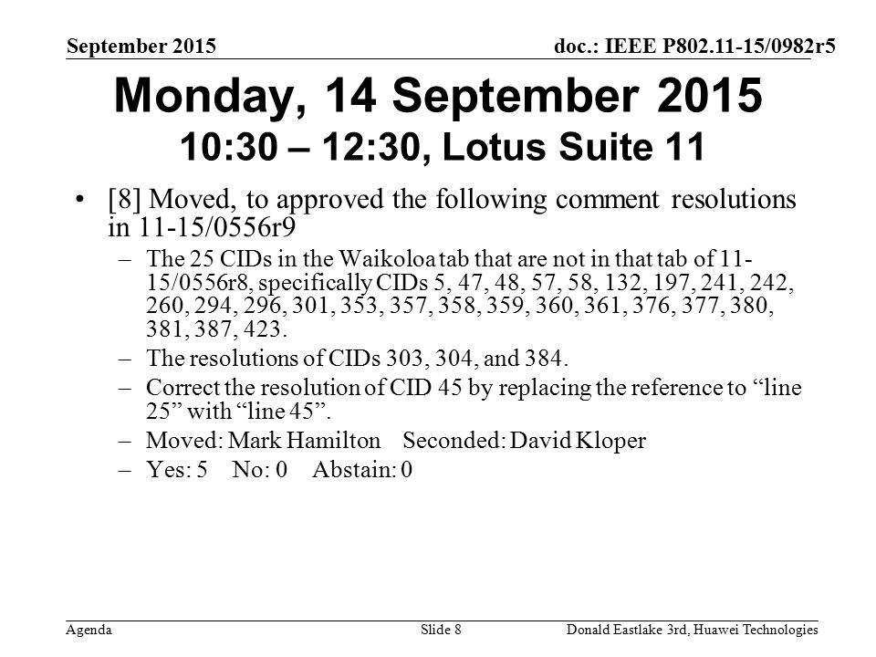 doc.: IEEE P /0982r5 Agenda September 2015 Donald Eastlake 3rd, Huawei TechnologiesSlide 8 Monday, 14 September :30 – 12:30, Lotus Suite 11 [8] Moved, to approved the following comment resolutions in 11-15/0556r9 –The 25 CIDs in the Waikoloa tab that are not in that tab of /0556r8, specifically CIDs 5, 47, 48, 57, 58, 132, 197, 241, 242, 260, 294, 296, 301, 353, 357, 358, 359, 360, 361, 376, 377, 380, 381, 387, 423.
