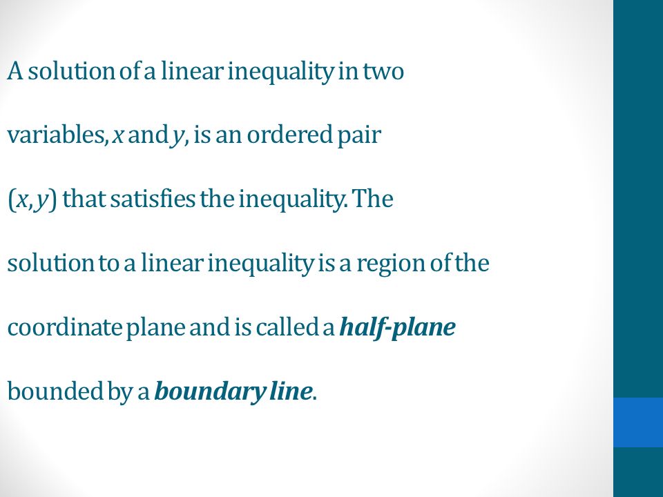 A solution of a linear inequality in two variables, x and y, is an ordered pair (x, y) that satisfies the inequality.
