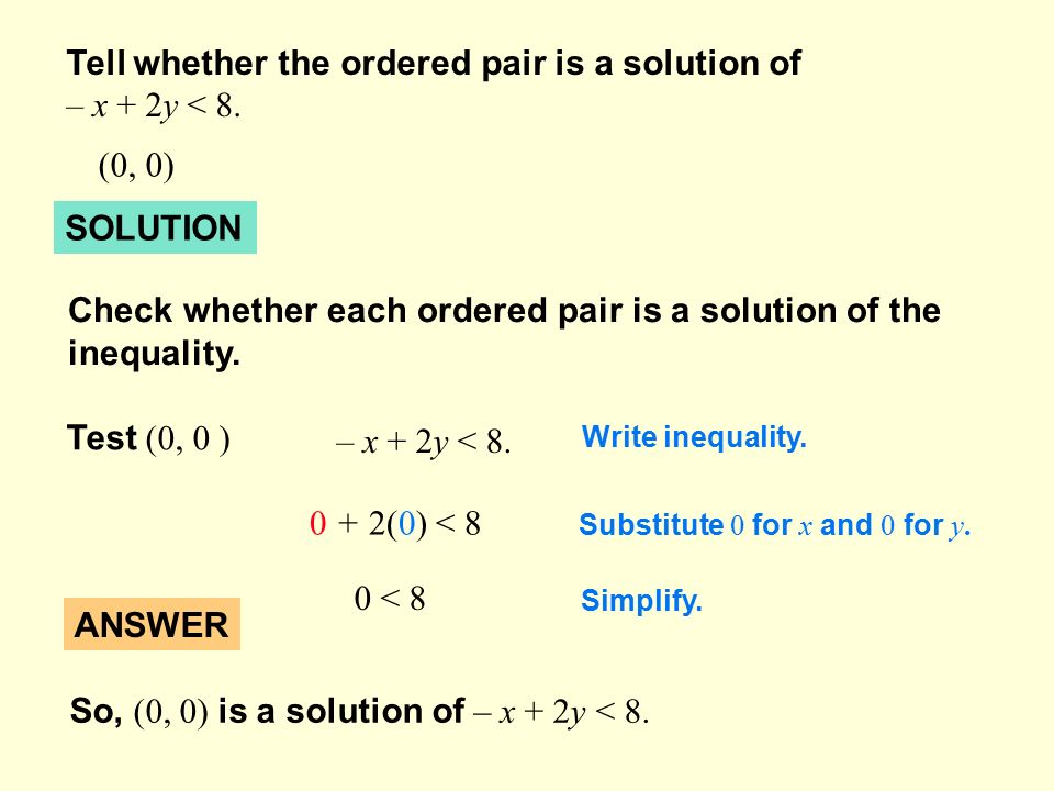 SOLUTION Tell whether the ordered pair is a solution of – x + 2y < 8.
