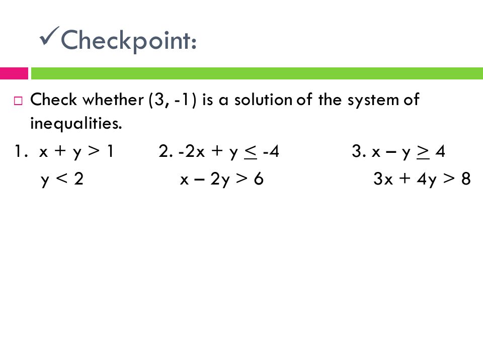 Checkpoint:  Check whether (3, -1) is a solution of the system of inequalities.