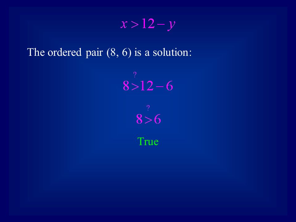 The ordered pair (8, 6) is a solution: True