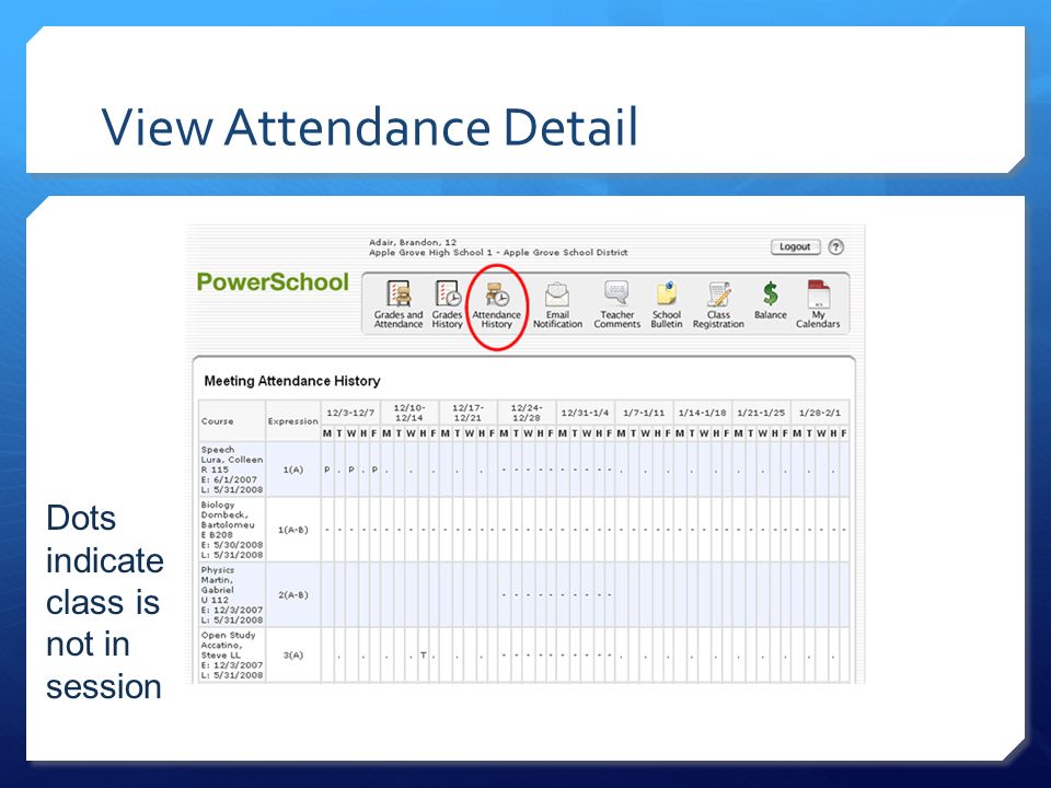 View Attendance Detail Dots indicate class is not in session