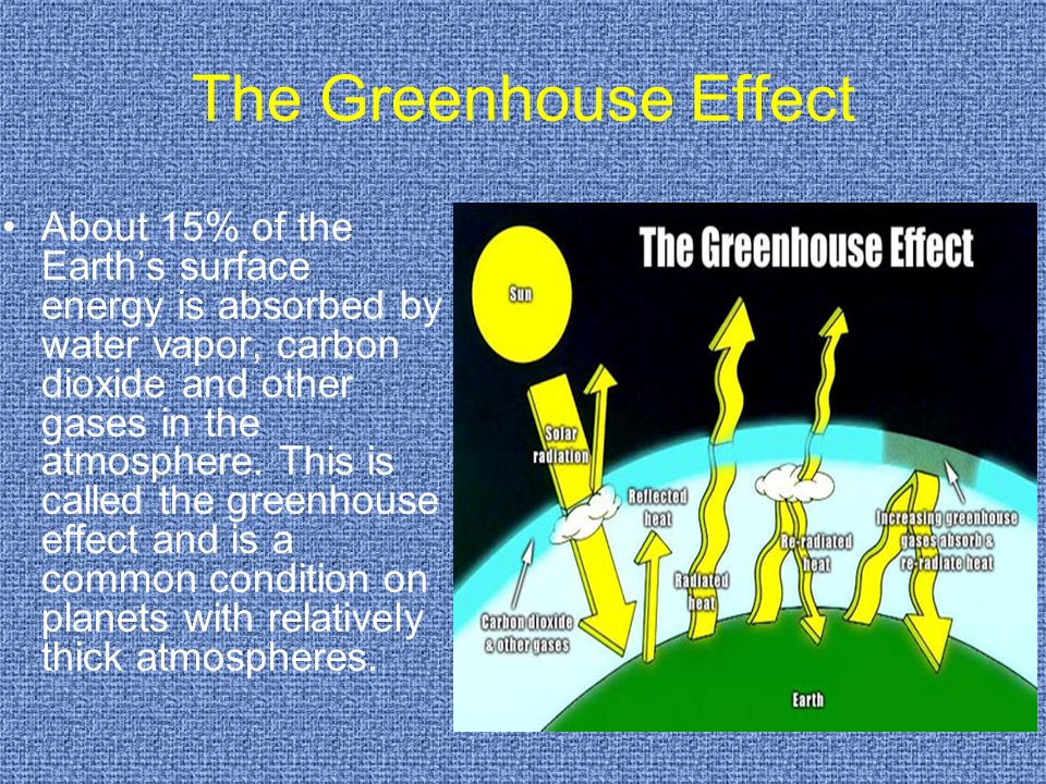 The Greenhouse Effect About 15% of the Earth’s surface energy is absorbed by water vapor, carbon dioxide and other gases in the atmosphere.