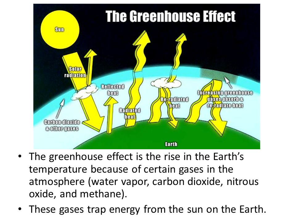 The greenhouse effect is the rise in the Earth’s temperature because of certain gases in the atmosphere (water vapor, carbon dioxide, nitrous oxide, and methane).
