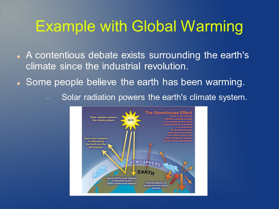 Example with Global Warming A contentious debate exists surrounding the earth s climate since the industrial revolution.