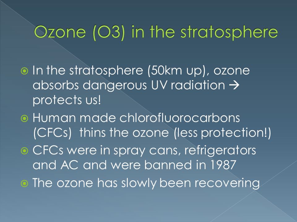  In the stratosphere (50km up), ozone absorbs dangerous UV radiation  protects us.