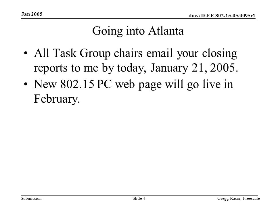 doc.: IEEE /0095r1 Submission Jan 2005 Gregg Rasor, FreescaleSlide 4 Going into Atlanta All Task Group chairs  your closing reports to me by today, January 21, 2005.