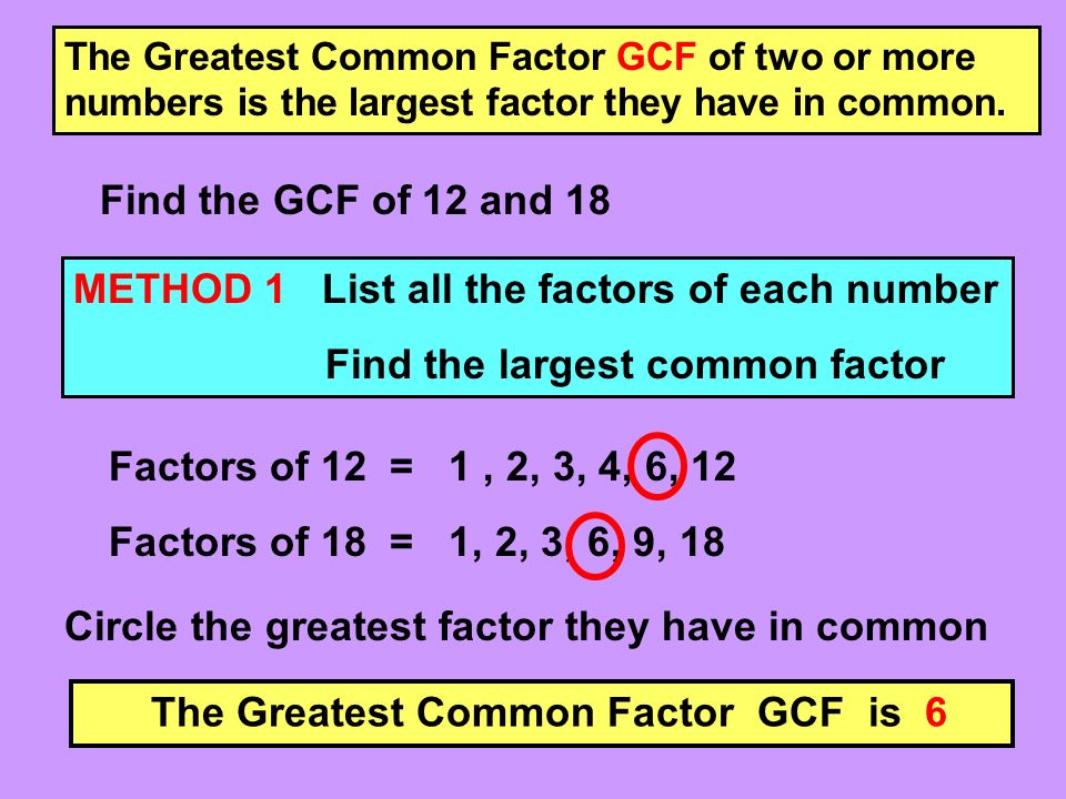 The Greatest Common Factor GCF of two or more numbers is the largest factor they have in common.