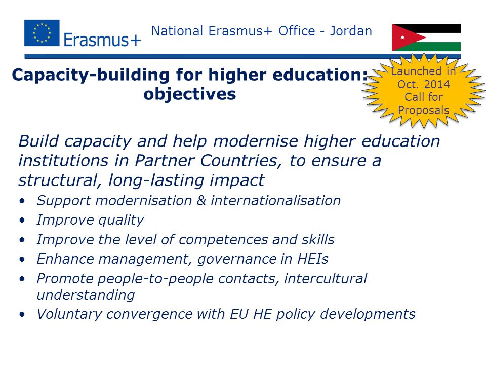 National Erasmus+ Office - Jordan Build capacity and help modernise higher education institutions in Partner Countries, to ensure a structural, long-lasting impact Support modernisation & internationalisation Improve quality Improve the level of competences and skills Enhance management, governance in HEIs Promote people-to-people contacts, intercultural understanding Voluntary convergence with EU HE policy developments Capacity-building for higher education: objectives Launched in Oct.