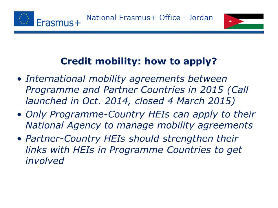 National Erasmus+ Office - Jordan International mobility agreements between Programme and Partner Countries in 2015 (Call launched in Oct.