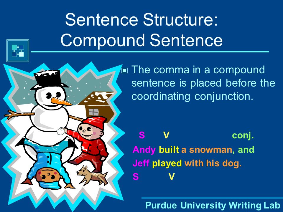 Purdue University Writing Lab Sentence Structure: Compound Sentence The comma in a compound sentence is placed before the coordinating conjunction.