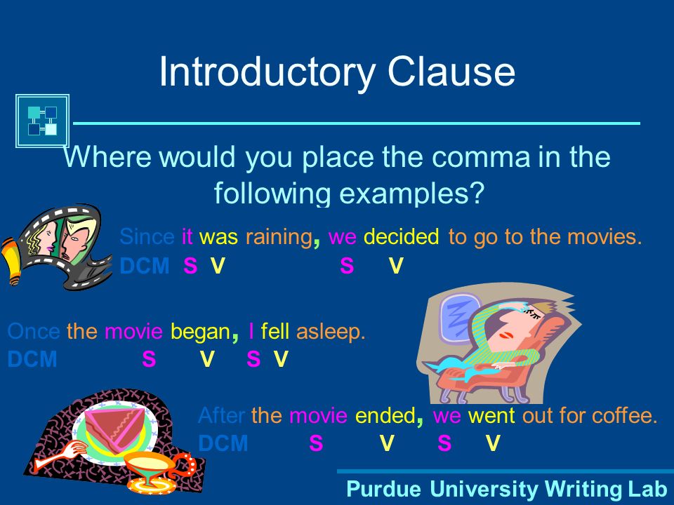 Purdue University Writing Lab Introductory Clause Where would you place the comma in the following examples.