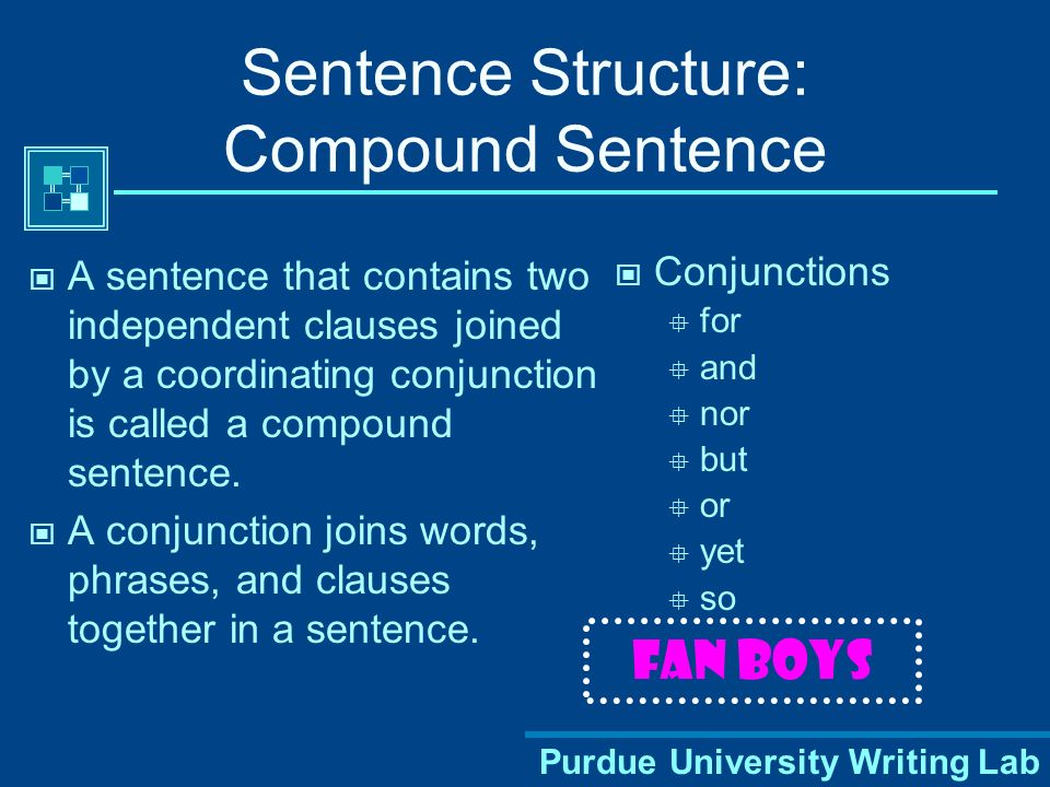 Purdue University Writing Lab Sentence Structure: Compound Sentence A sentence that contains two independent clauses joined by a coordinating conjunction is called a compound sentence.
