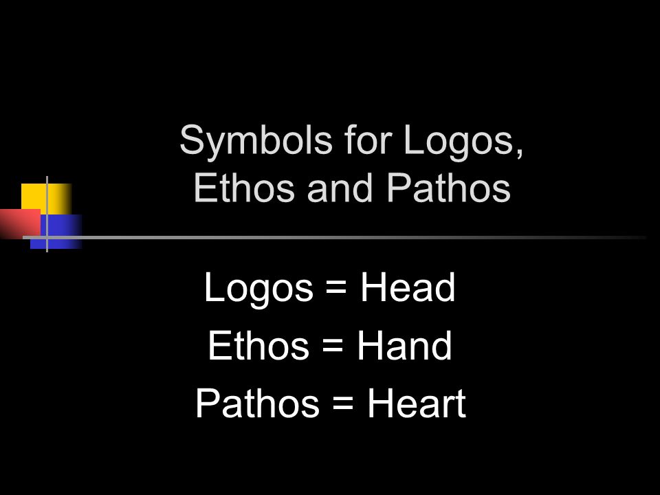 Symbols for Logos, Ethos and Pathos Logos = Head Ethos = Hand Pathos = Heart