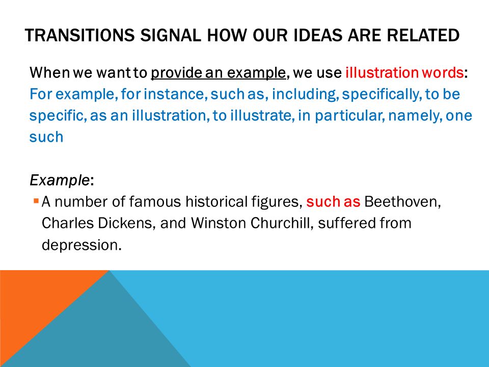 TRANSITIONS SIGNAL HOW OUR IDEAS ARE RELATED When we want to provide an example, we use illustration words: For example, for instance, such as, including, specifically, to be specific, as an illustration, to illustrate, in particular, namely, one such Example:  A number of famous historical figures, such as Beethoven, Charles Dickens, and Winston Churchill, suffered from depression.