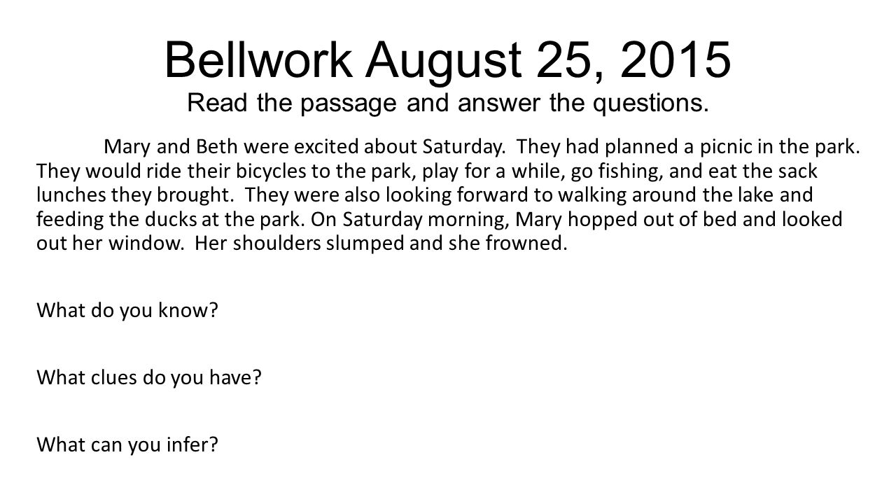 Worksheets Read The Passage bellwork august 25 2015 read the passage and answer questions mary beth