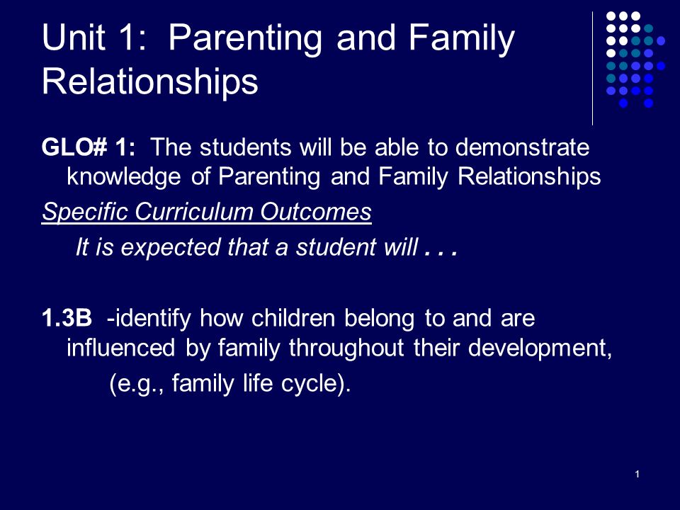 1 Unit 1: Parenting and Family Relationships GLO# 1: The students will be able to demonstrate knowledge of Parenting and Family Relationships Specific Curriculum Outcomes It is expected that a student will...