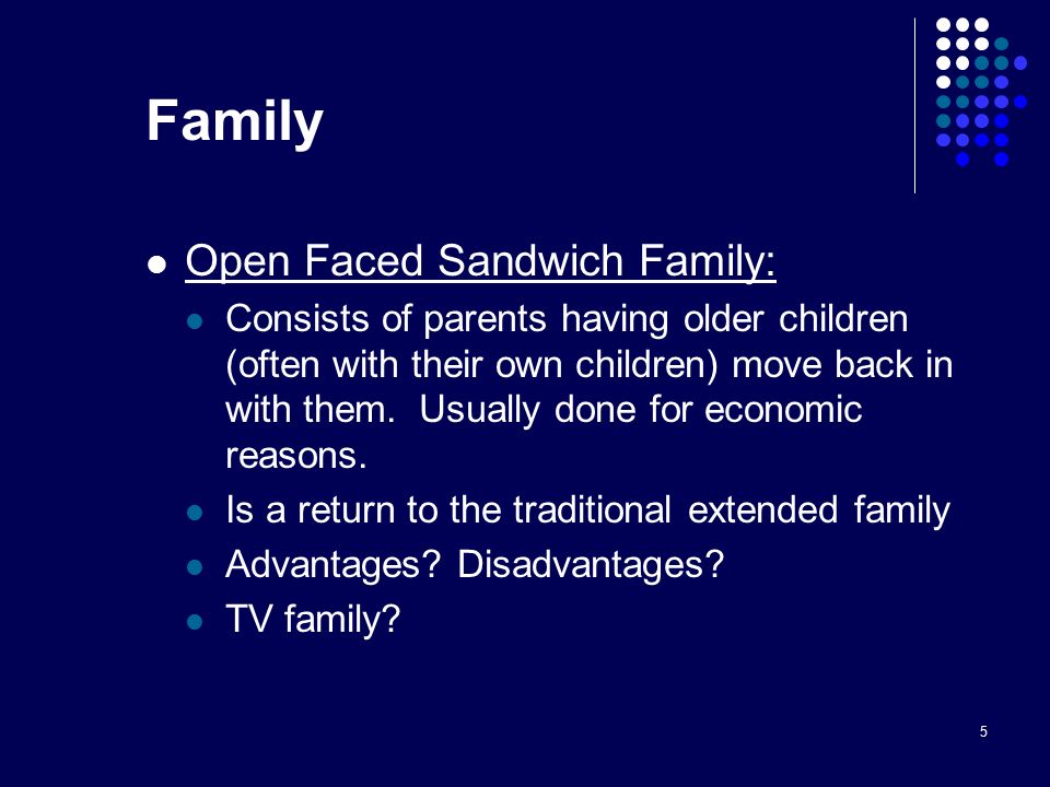 5 Family Open Faced Sandwich Family: Consists of parents having older children (often with their own children) move back in with them.