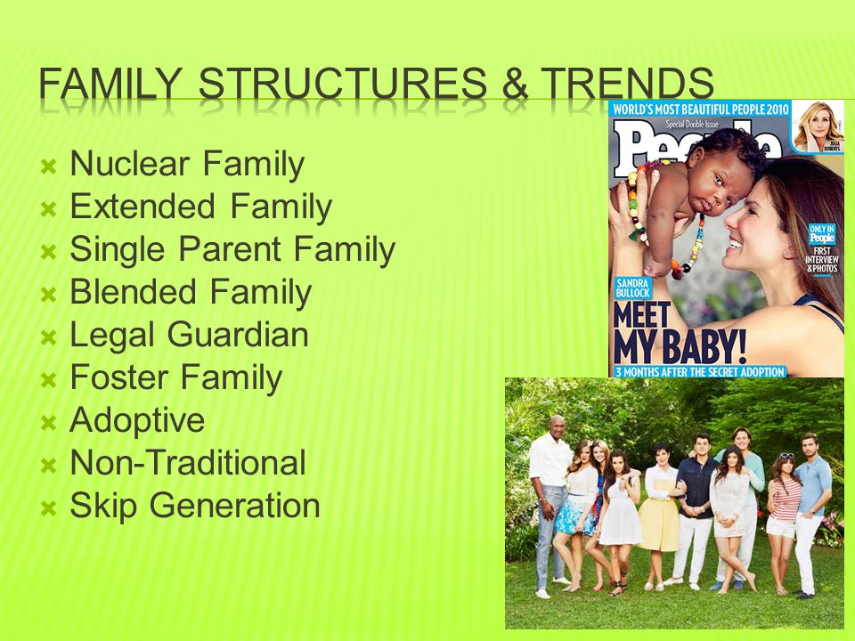  Nuclear Family  Extended Family  Single Parent Family  Blended Family  Legal Guardian  Foster Family  Adoptive  Non-Traditional  Skip Generation
