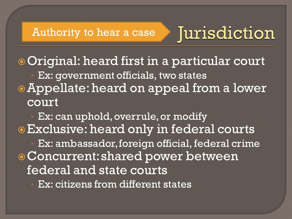 Original: heard first in a particular court Ex: government officials, two states  Appellate: heard on appeal from a lower court Ex: can uphold, overrule, or modify  Exclusive: heard only in federal courts Ex: ambassador, foreign official, federal crime  Concurrent: shared power between federal and state courts Ex: citizens from different states Authority to hear a case
