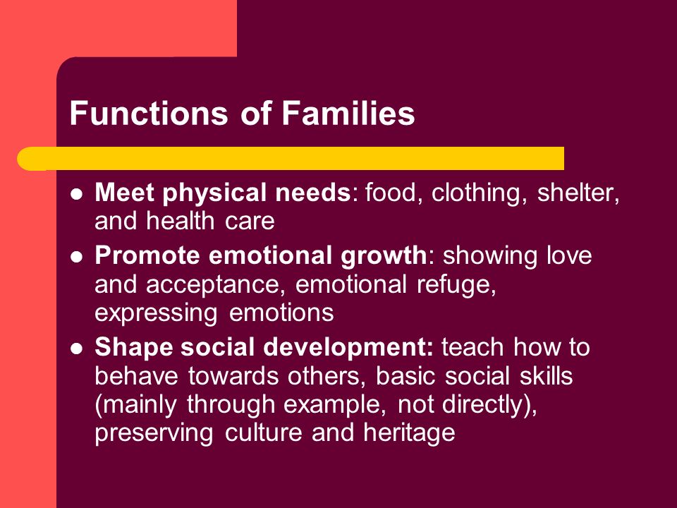 Functions of Families Meet physical needs: food, clothing, shelter, and health care Promote emotional growth: showing love and acceptance, emotional refuge, expressing emotions Shape social development: teach how to behave towards others, basic social skills (mainly through example, not directly), preserving culture and heritage