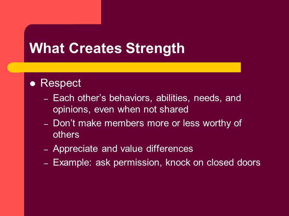 What Creates Strength Respect – Each other’s behaviors, abilities, needs, and opinions, even when not shared – Don’t make members more or less worthy of others – Appreciate and value differences – Example: ask permission, knock on closed doors